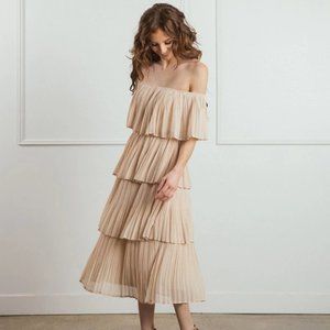 Morning Lavender Vera Taupe Pleated Dress, NWOT